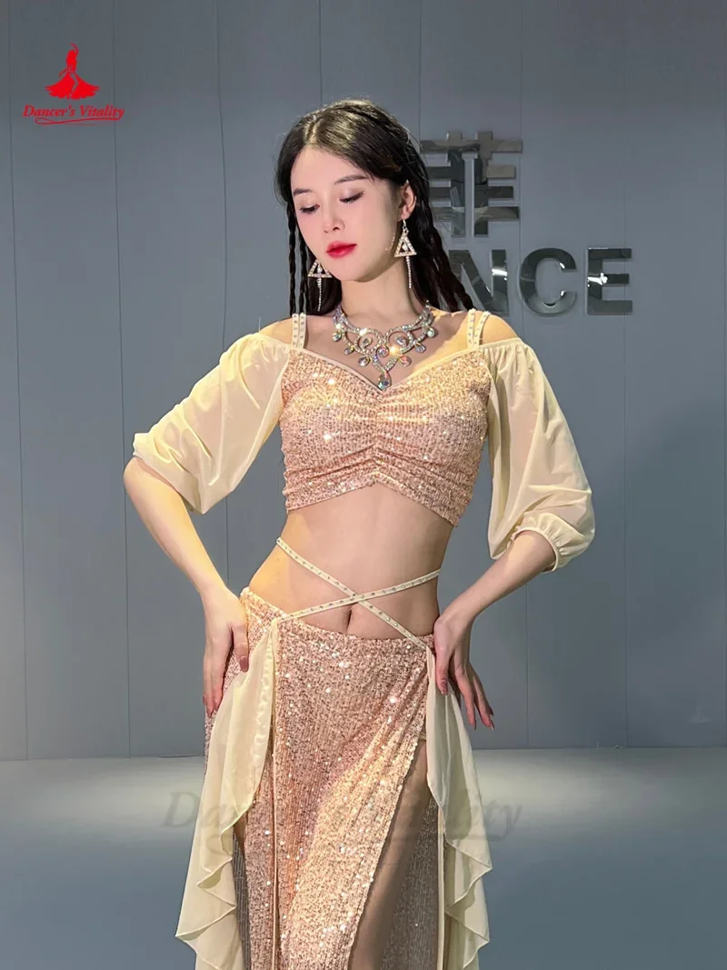 Ensemble de costumes de danse du ventre pour femmes, haut à manches courtes + jupe longue fendue, ensemble professionnel Oriental, tenue de danse du ventre, 2 pièces