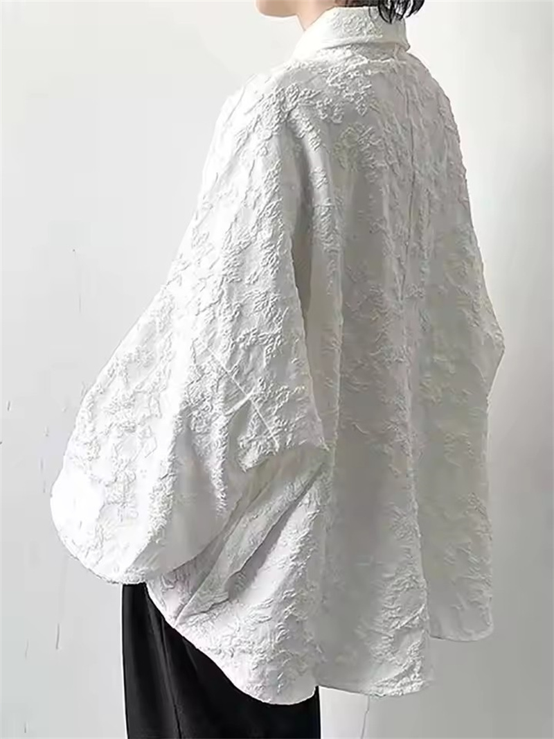 Chemise Jacquard froissée blanche 3XL pour hommes, ample, mode, solide, décontractée, col rabattu, nouveau chemisier à manches longues assorti avec tout