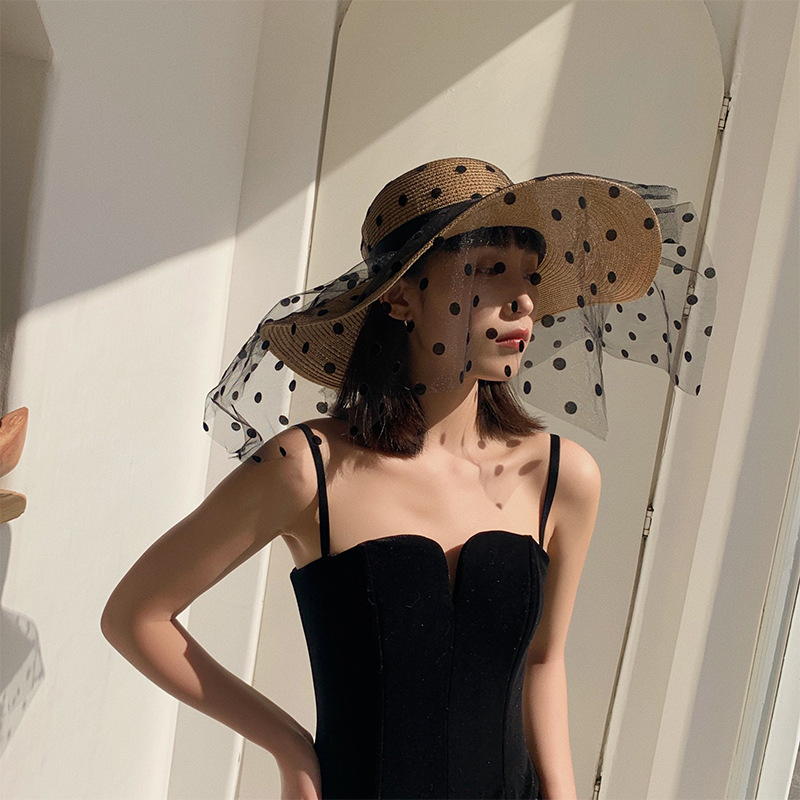 Chapeaux de paille en maille de dentelle pour femmes, chapeau de soleil à large bord, protection UV pliable, pois classiques et élégants, été