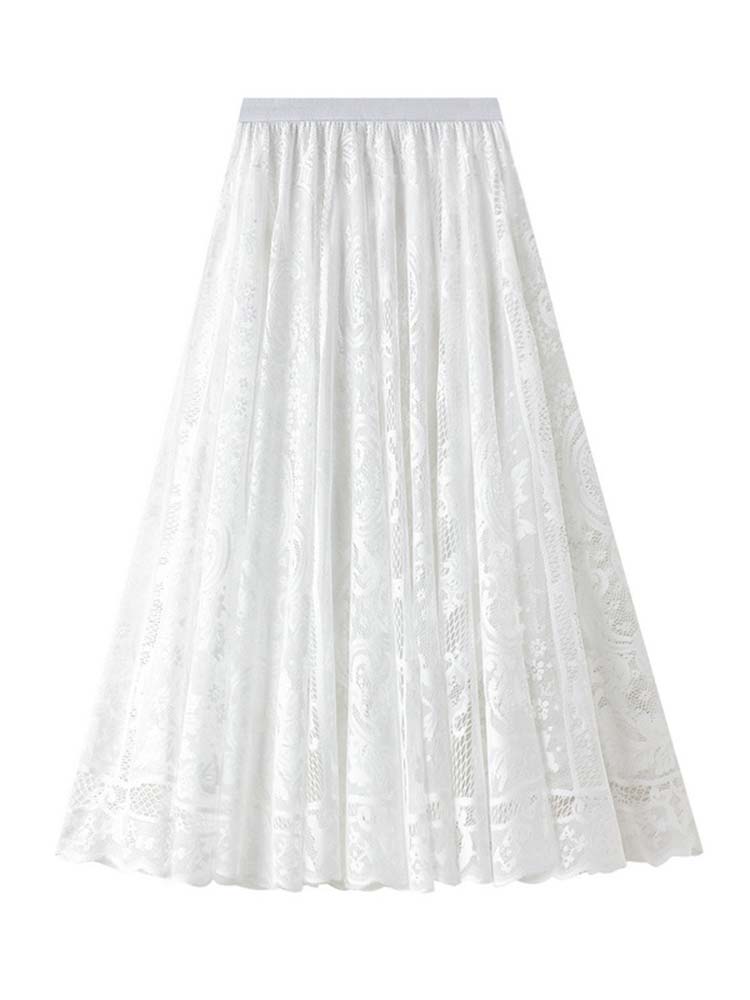 Printemps été femmes dentelle jupes solide taille haute élastique Vintage élégant bureau dames blanc noir Chic jupes longues Jupe Longue