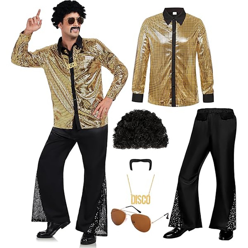 Costume d'halloween Hippie des années 60 et 70, pantalon à paillettes, chemise, hauts, bas de cloche, pantalon évasé pour hommes, tenue brillante de danse Disco pour chanteur