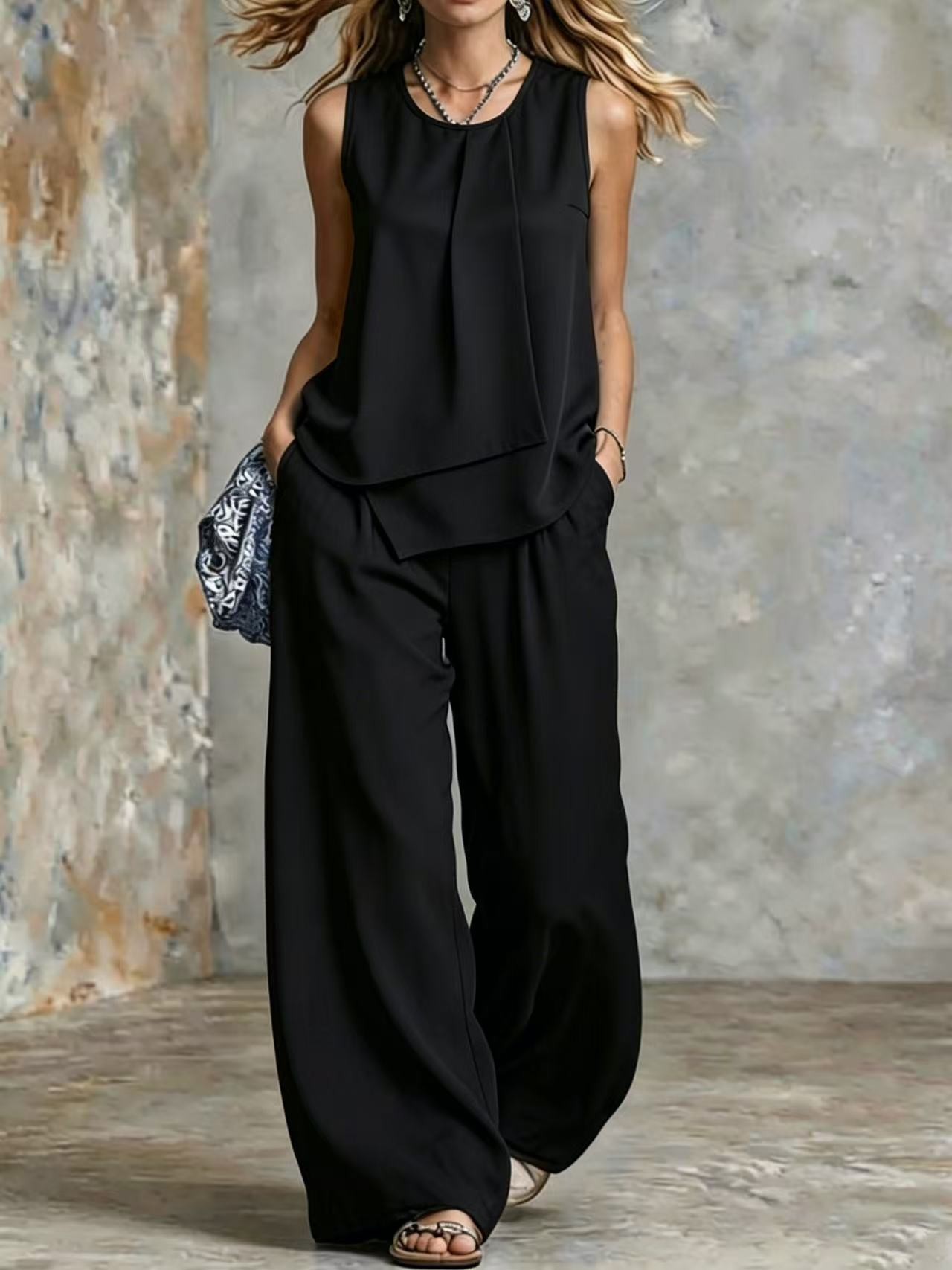 Ensemble 2 pièces pour femme, été, uni, sans manches, haut superposé asymétrique, pantalon taille haute à jambes larges, élégant, décontracté, pour le bureau