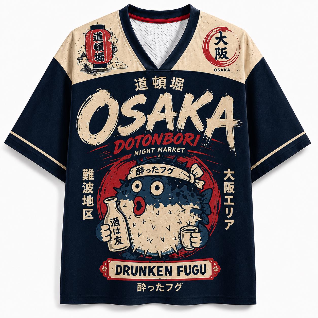 T-shirt unisexe 2026 pour hommes et femmes, style rétro japonais Osaka, imprimé poisson-globe, col en V, manches courtes, jersey, hauts de style streetwear, t-shirt surdimensionné