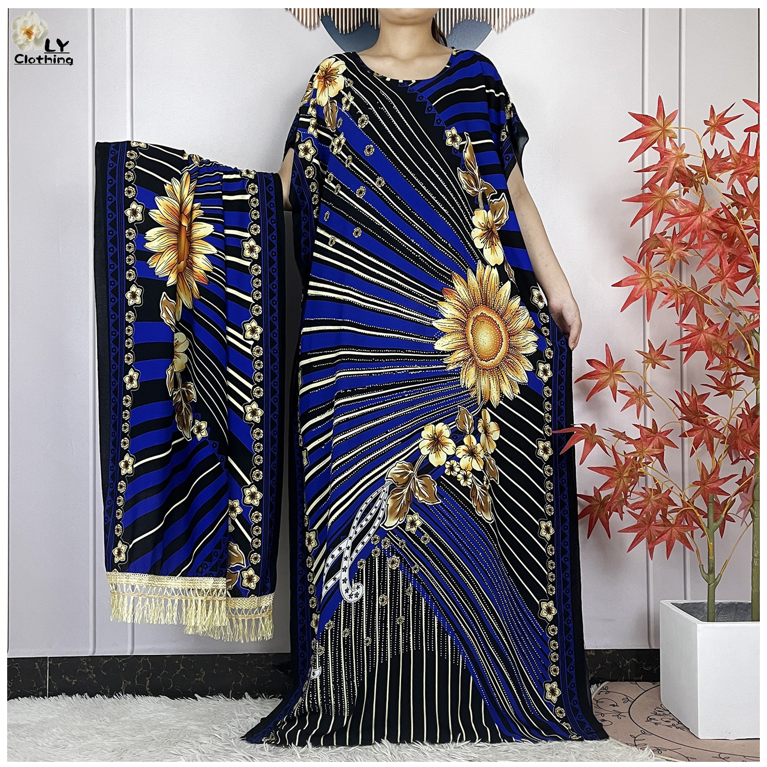 Abaya-Ensemble pour femmes musulmanes, robe africaine, en coton, imprimé floral, dashiki adt, maxi, avec pompon, grande écharpe, nouvelle collection