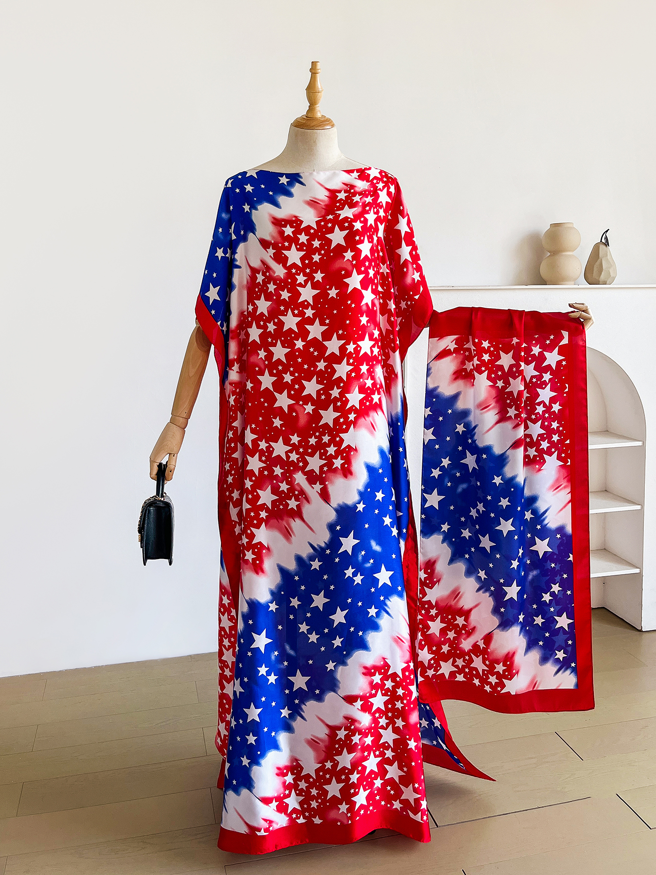 Abaya d'été bohème à imprimé tie-dye avec foulard assorti, robe maxi kaftan ample pour femmes musulmanes africaines, tenue de plage pour les vacances