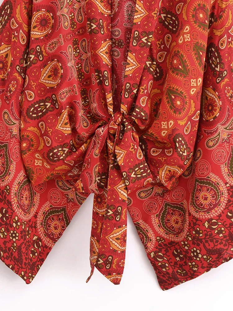 Boho Dinner ens-Robe courte pour femmes, maillots de bain kimono, rouge floral, manches chauve-souris, rayonne, bohème, bikini, couvertures, vêtements de plage, mode
