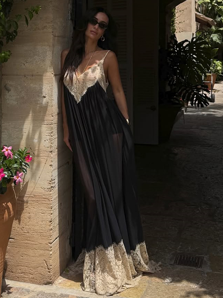 Nibber Dos Nu Robe Femmes Sexy Jacquard Patchwork Mode Voir À Travers Col Bas Sans Manches Tendance Fête De Vacances Longue Bodyocn