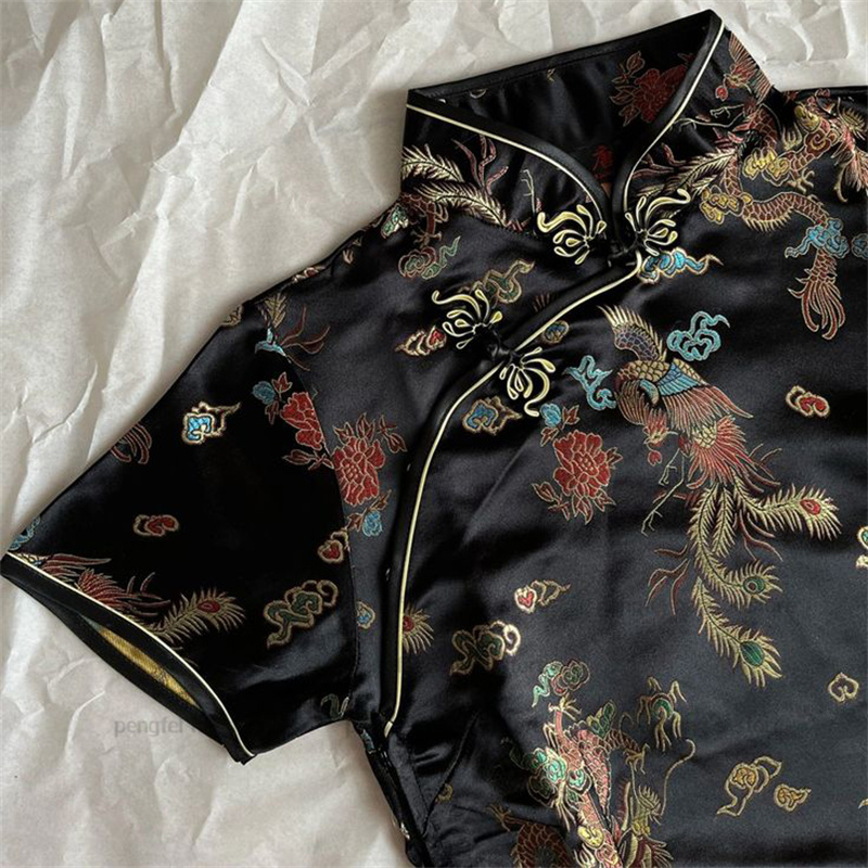 Robe courte en satin pour femme, tenue de soirée, vintage, dragon, phénix, cheongsams, bleu marine, traditionnelle chinoise