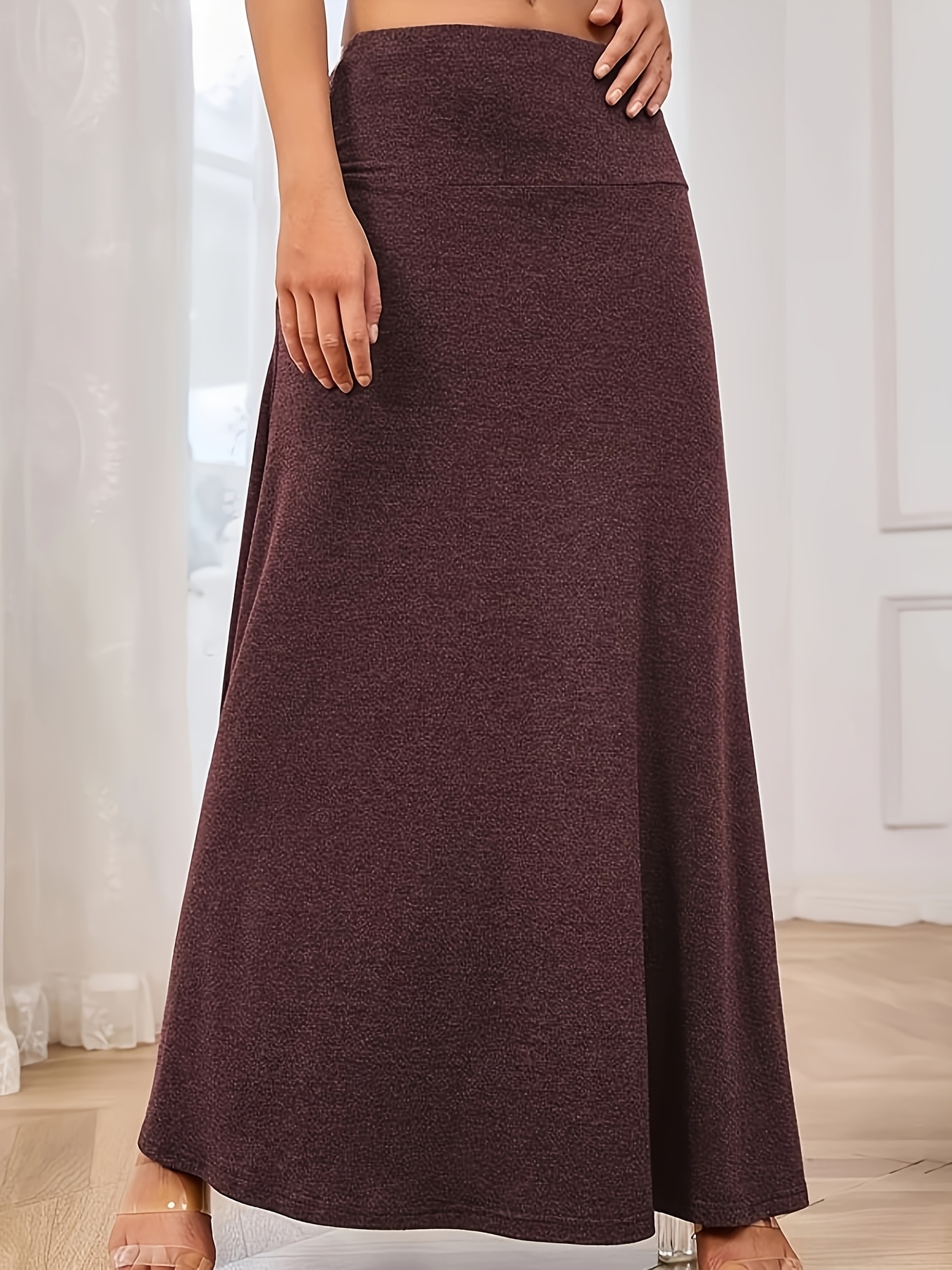 Jupe longue évasée taille haute en tricot élastique grande taille 1XL-5XL unie amincissante polyvalente pour le quotidien