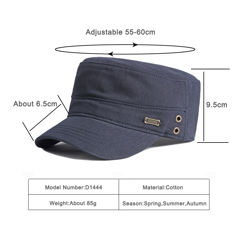 Casquettes militaires décontractées pour hommes, casquettes militaires en coton à dessus plat pour femmes, chapeau de soleil noir de couleur unie, visière avec étiquette en métal, bord incurvé réglable