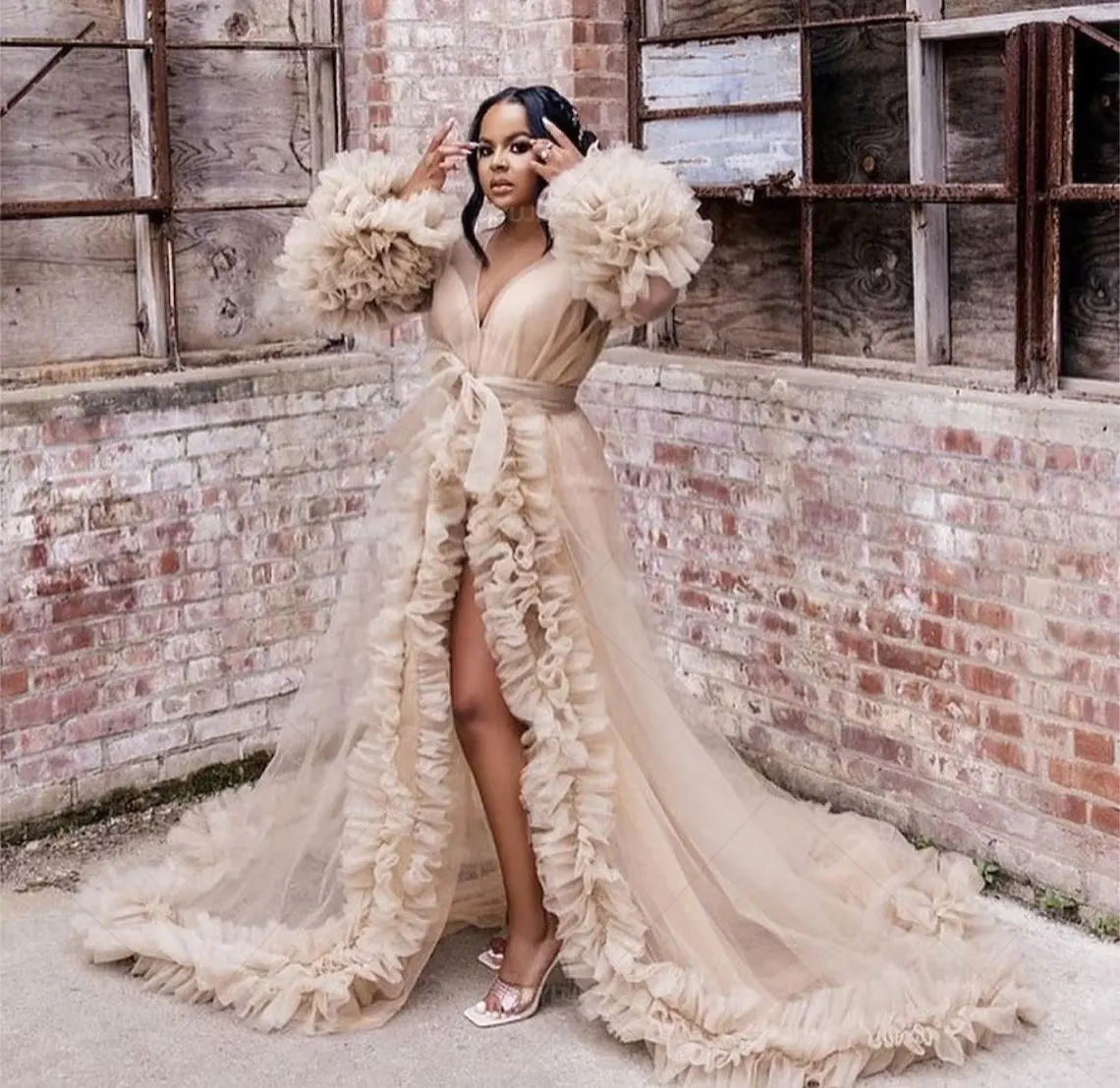 Robe de bal de mariée en Tulle pelucheux pour femmes, manches longues, Robe de soirée de mariage, pyjama Boudoir, Robe de maternité