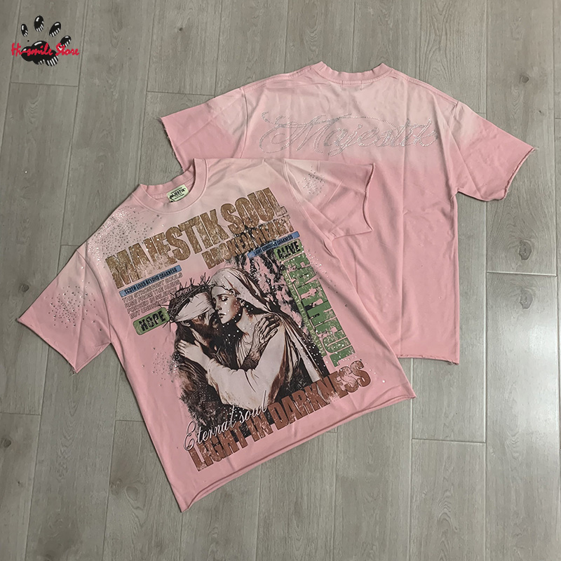 T-shirt MAJESTIK en coton pour homme et femme, style streetwear, avec logo en strass, de qualité supérieure, vintage, à manches courtes, hip-hop, surdimensionné