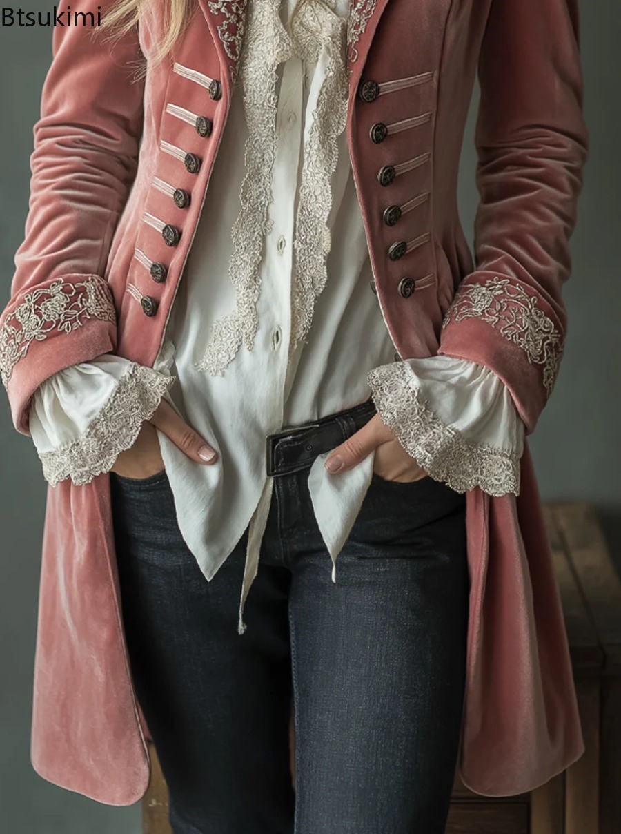 Manteau long élégant en velours pour femme, à manches longues, couleur unie, avec dentelle, revers, double boutonnage, taille mi-haute élastique, automne-hiver
