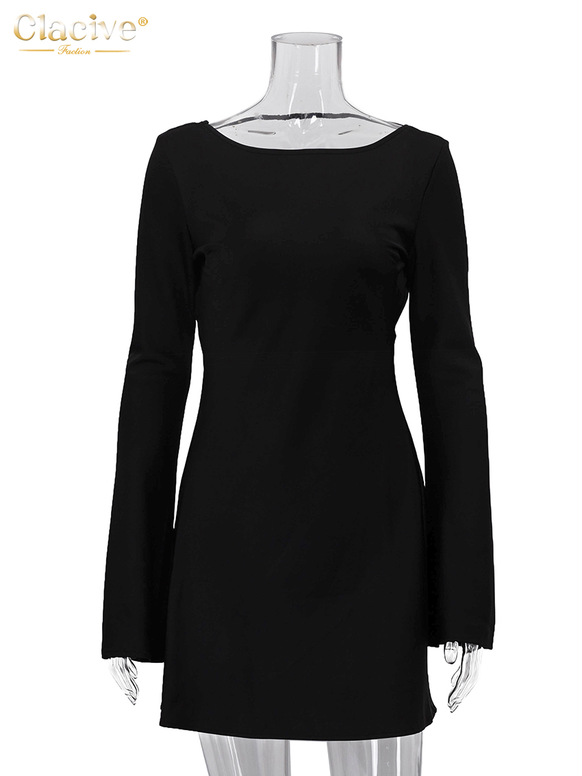 Robe Courte Décontractée Noire pour Femme Clacive Fashion 2026 – Col Rond, Manches Longues, Élégante et Simple, Style Urbain