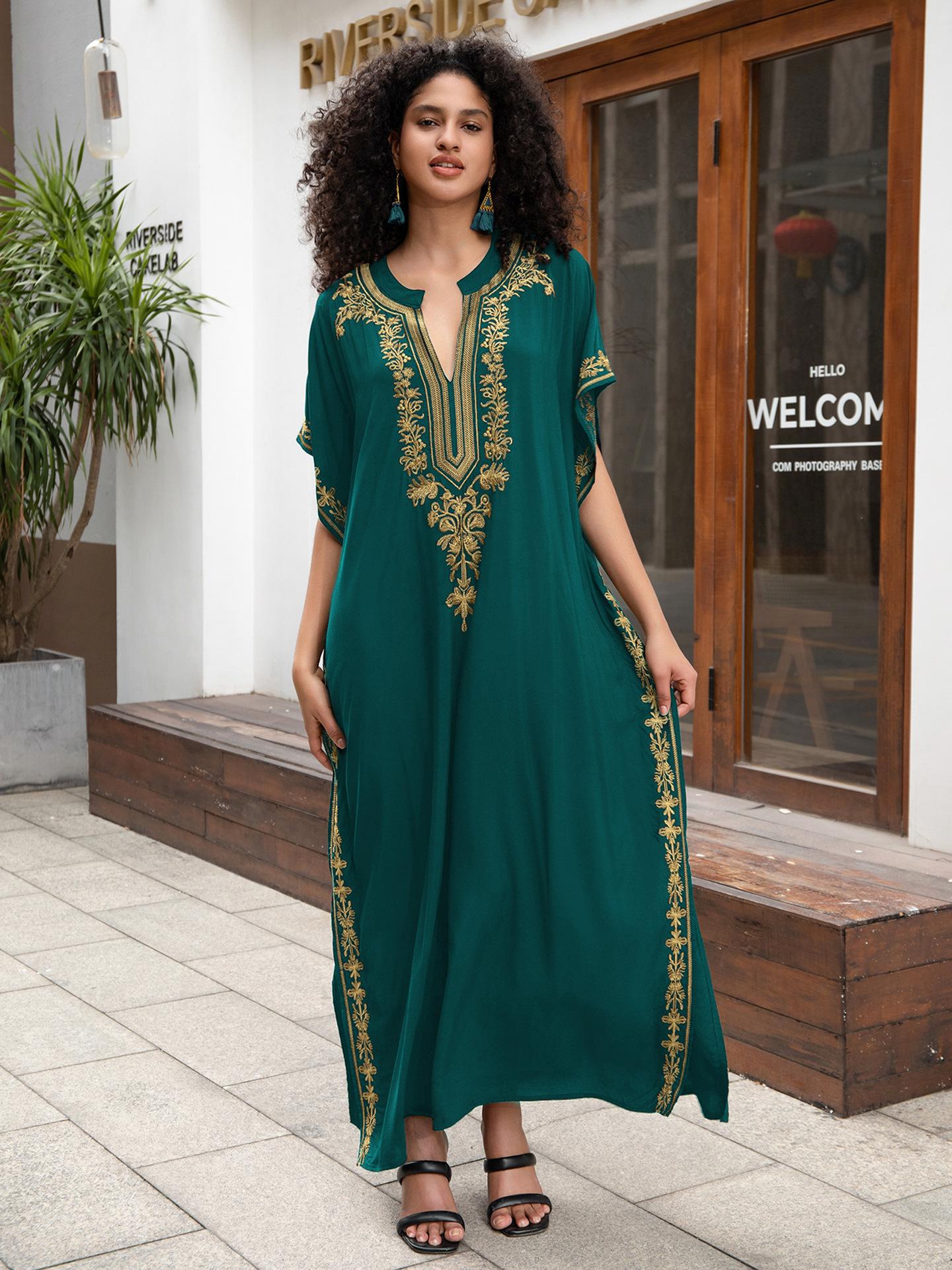 Robes caftan pour femmes brodées à manches courtes col en v grande taille Caftan Bikini maillot de bain robe de plage longue