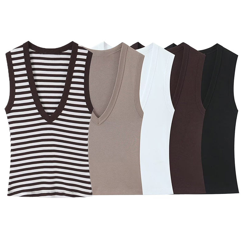T-shirt Femme 2026 Nouvelle Collection Été Couleur Unie Sans Manches Sexy Col V Simple Coupe Ajustée Chic Décontracté T-shirt Tendance High Street