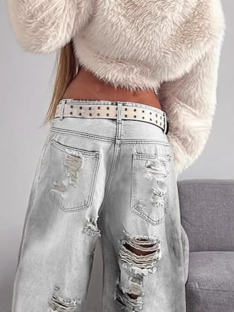 Jeans pour femmes style American High Street, déchirés, coupe droite, à jambe large, design Tie-Dye, pour la danse Jazz, style cargo, en jean fin
