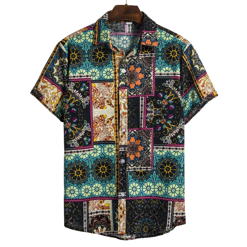 Chemise à manches courtes pour homme en coton et polyester, motif géométrique bohème 3D, style plage hawaïen, haut décontracté