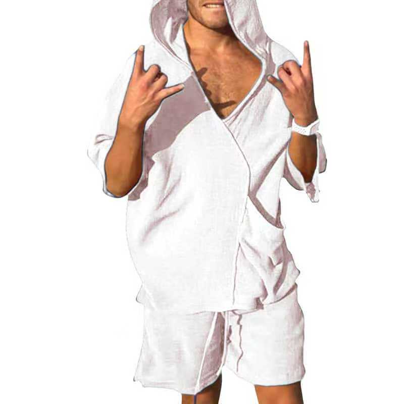 Ensemble deux pièces pour hommes, sweat à capuche à manches courtes, T-Shirt et Short à col en v, costumes de maison amples, tenues irrégulières solides pour hommes, vêtements d'été