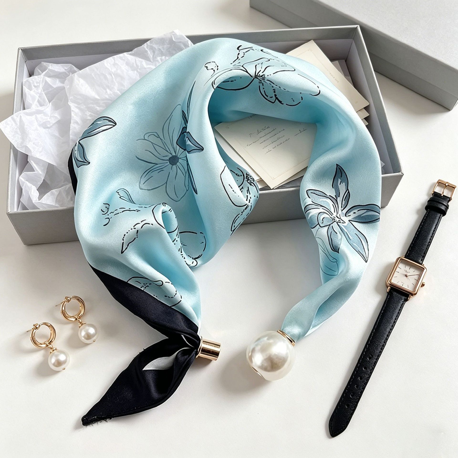 Nouvel Foulard Élégant Bleu Perle avec Fermoir Magnétique, Accessoire Artistique Polyvalent et Respirant pour l'Été