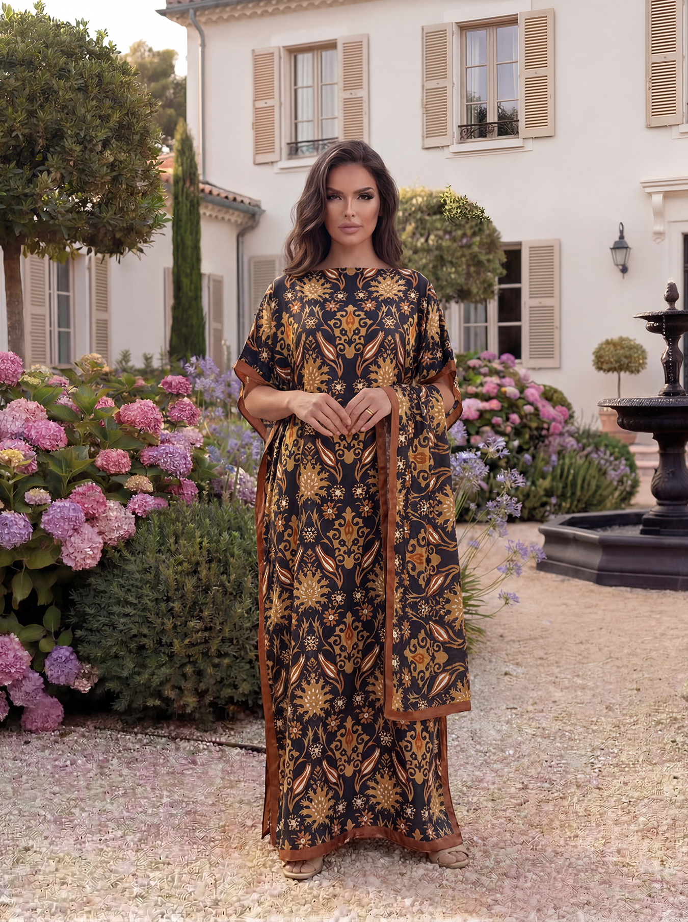 Abaya vintage en satin imprimé floral damassé avec foulard, kaftan maxi ample pour femmes musulmanes africaines, tenue d'été pour la plage et les vacances