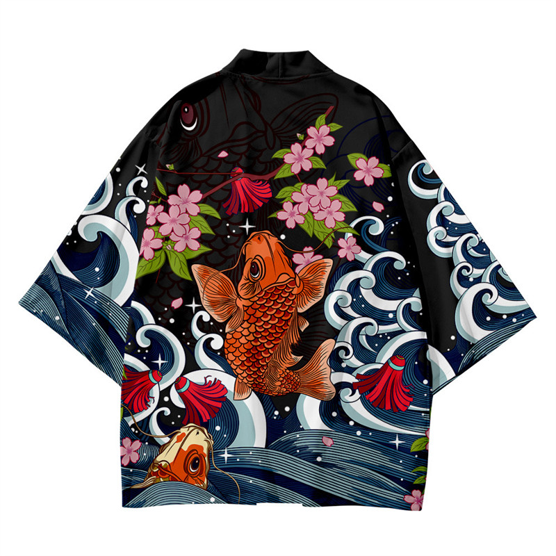 Kimono noir pour femmes et hommes, Obi japonais, Yukata pour garçons, Haori, manteau à imprimé vagues japonaises, vêtements traditionnels japonais