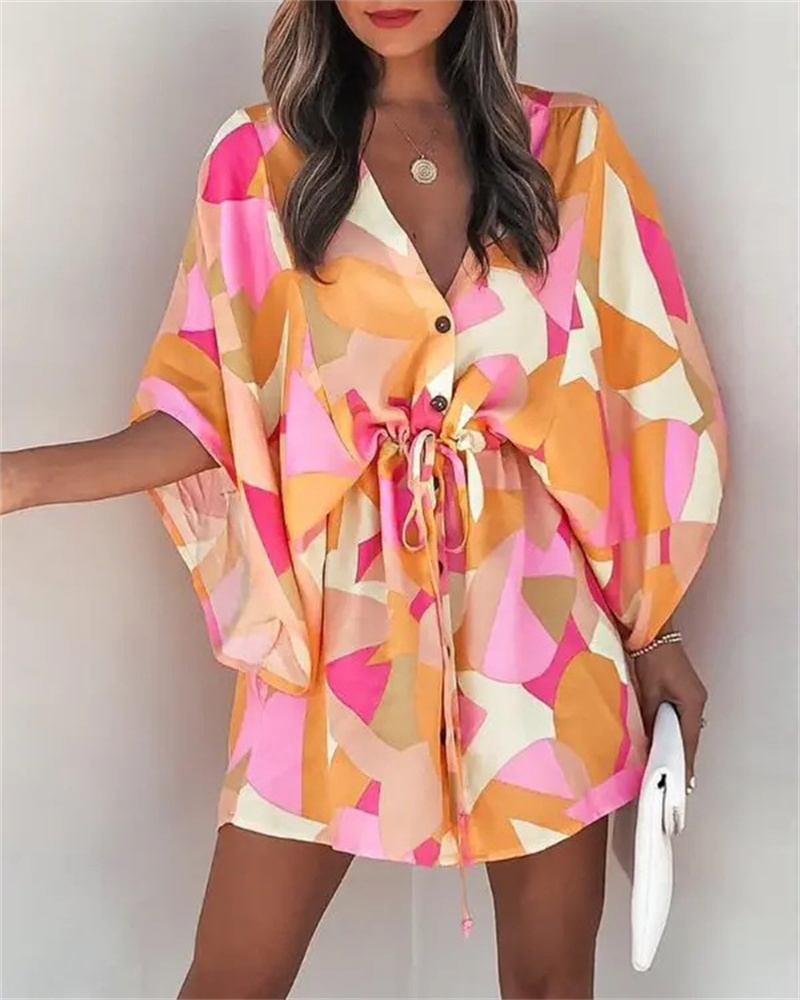 Robe de plage kimono à imprimé floral pour femme, col en V, manches chauve-souris et taille à nouer