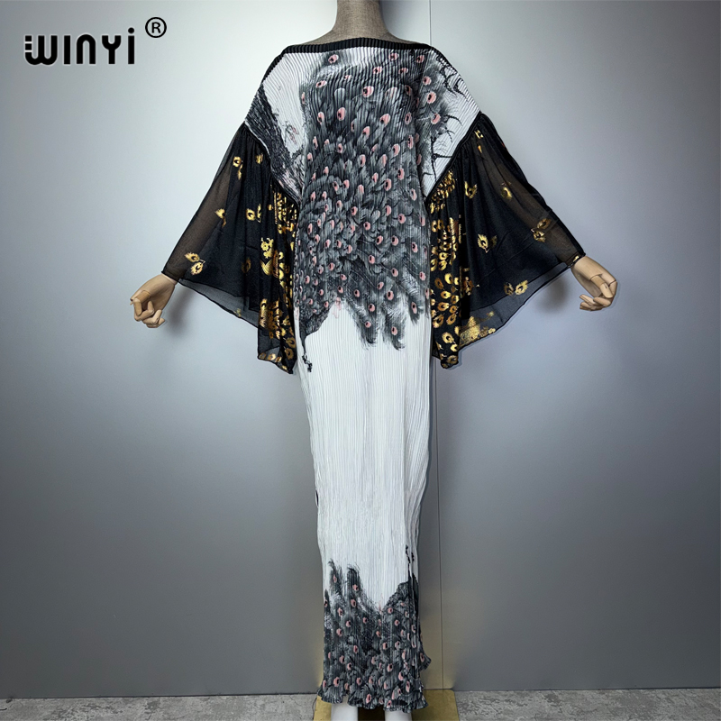 Robe plissée ajustée WINYI pour femme avec manches bouffantes, paréo de plage, caftan musulman, abaya, robe de soirée longue de luxe Dubaï