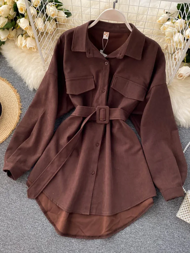Chemise à manches longues style cargo rétro pour femme, poches, chemise à manches bouffantes, bandage, taille déchirée, Y-Female, printemps, automne, PL438
