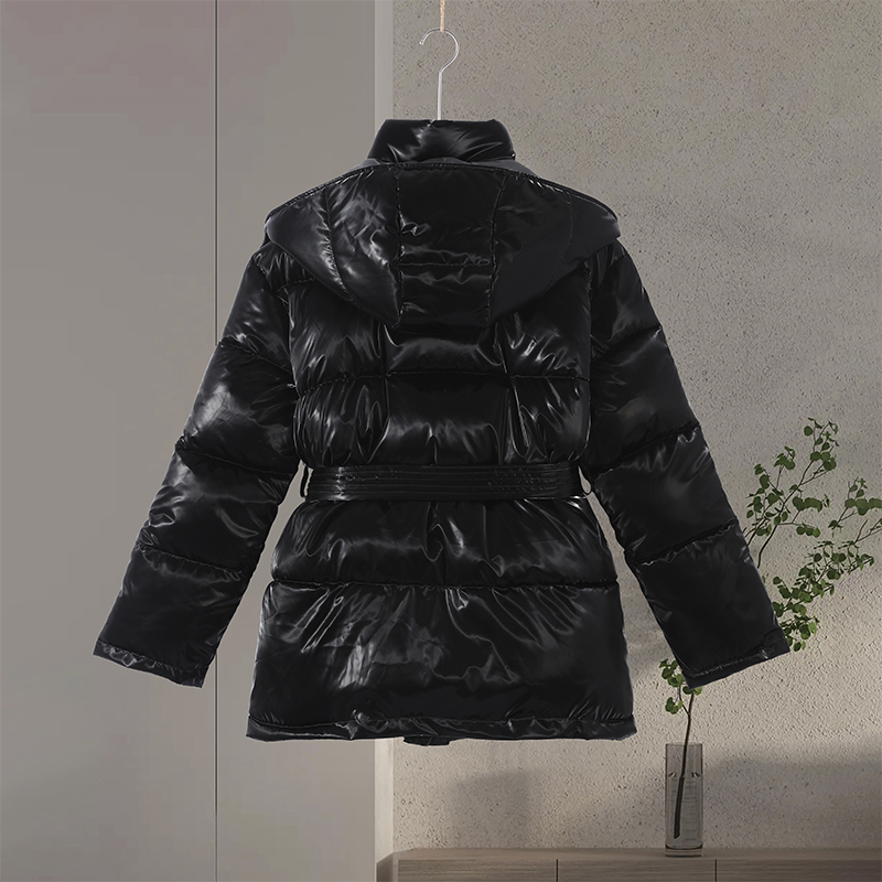 Doudoune brillante et élégante pour femme, à capuche, ceinture définie, poches épaisses, manteaux à manches longues, veste d'hiver pour femme