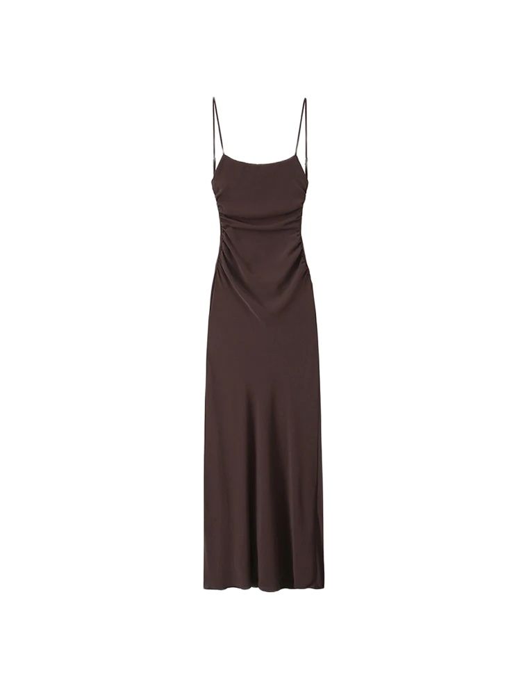 Robe mi-longue drapée pour femmes, col droit, bretelles fines, robes féminines dos nu, mode Chic