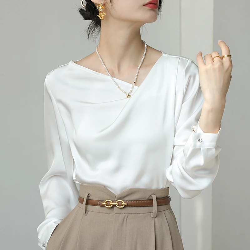 Chemises en Satin pour femmes, nouvelle soie, couleur unie, chemisiers décontractés, amples, vêtements pour dames, mode, manches longues, hauts blancs, printemps/été