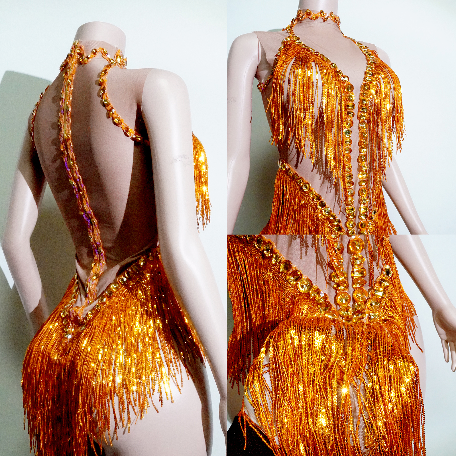 Jupe pour femme à franges, sequins et strass, en maille transparente, robe de soirée d'anniversaire, costume de danse latine, performance scénique, boîte de nuit, bar