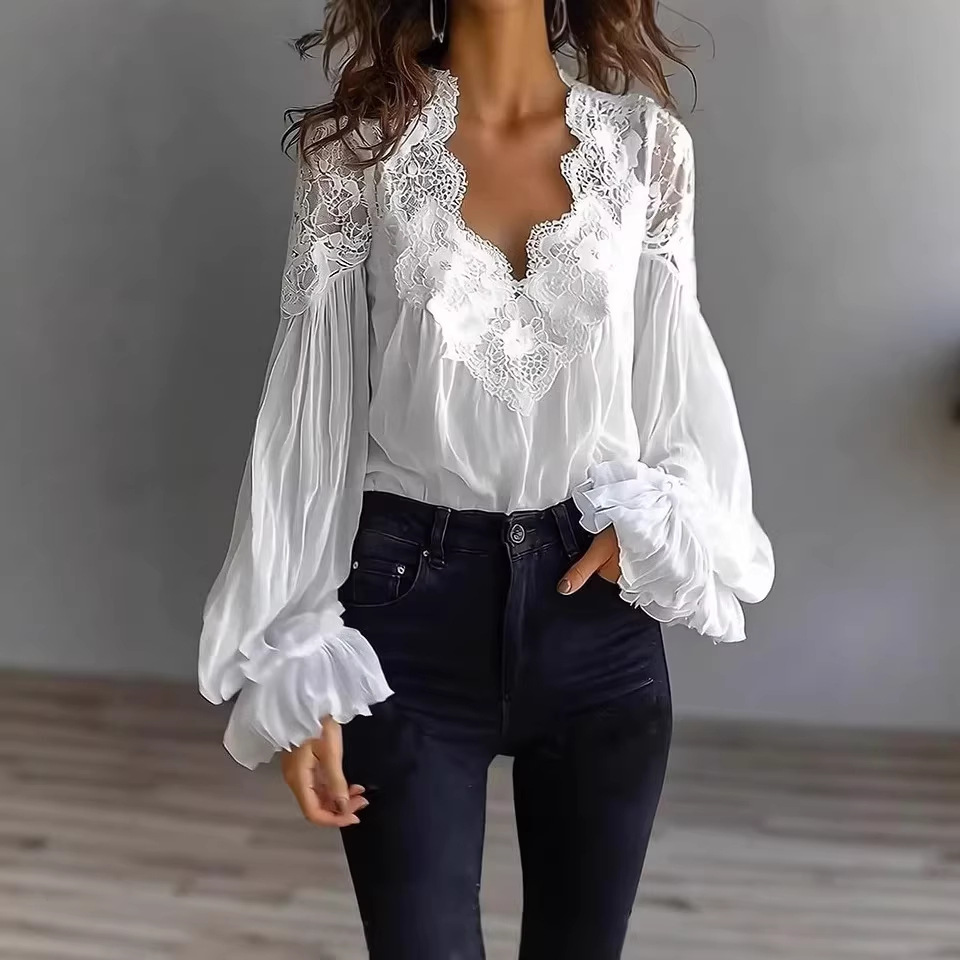 Nouvelle chemise femme 2026 à manches bouffantes en dentelle, blanche et noire, coupe ample, design plissé, confortable et polyvalente