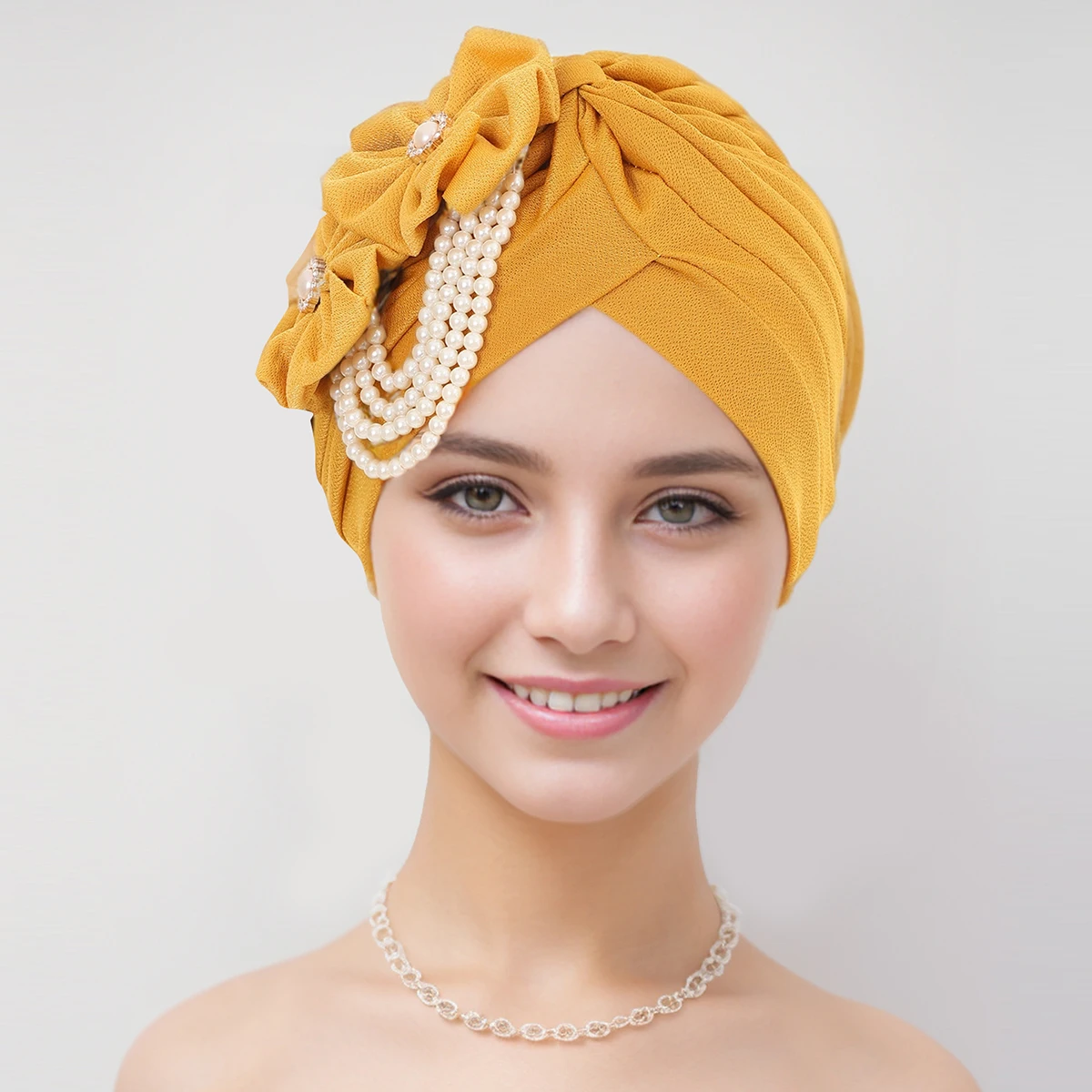 Foulard de Sauna Musulman pour Femme, Design Floral, Bonnet Perte de Cheveux, Turban avec Perles