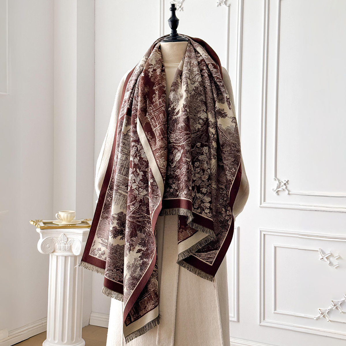 Élégant Style rétro femmes Double face paysage imprimé cachemire écharpe hiver chaud Pashmina châle Foulard Poncho