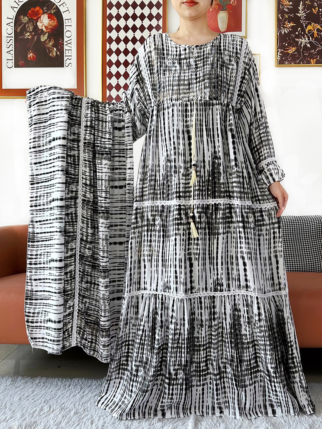 Nouvelle Robe Kashkha Dubaï pour Femme 2026, Robe Abaya Dubaï en Coton Tie-Dye, Manches Longues, Ample, Style Bohème, Maxi, Décontractée, Mode Africaine