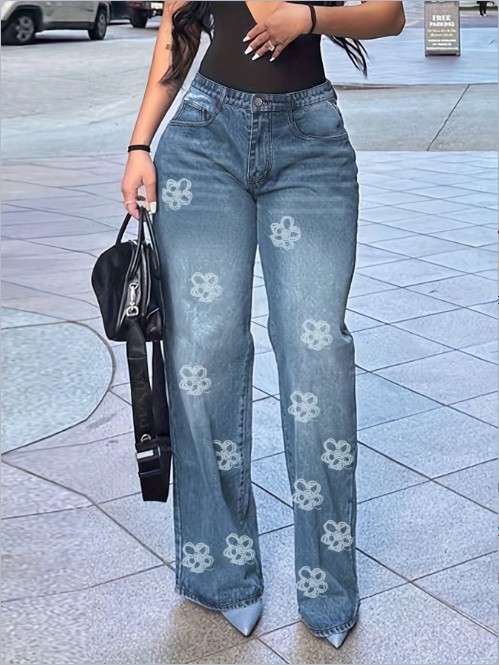 Jean femme 2025 printemps automne nouvelle mode imprimé fleuri taille haute poche conception jean ample jambe droite pantalon décontracté