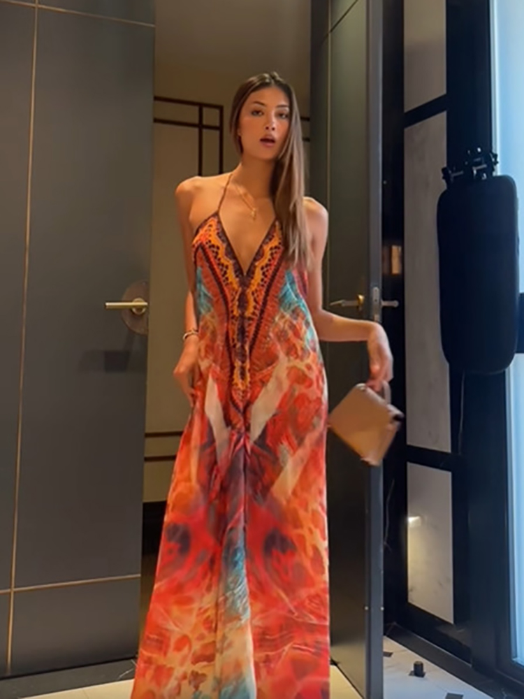 Robe longue bohème imprimée pour femme, sexy, dos nu, col en V profond, sans manches, épaules dénudées, pour vacances, rendez-vous, soirée, plage