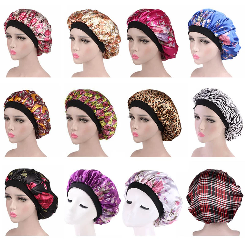 Mode femmes Satin Bonnet nuit sommeil chapeau élastique large bande perte de cheveux couverture tête enveloppement