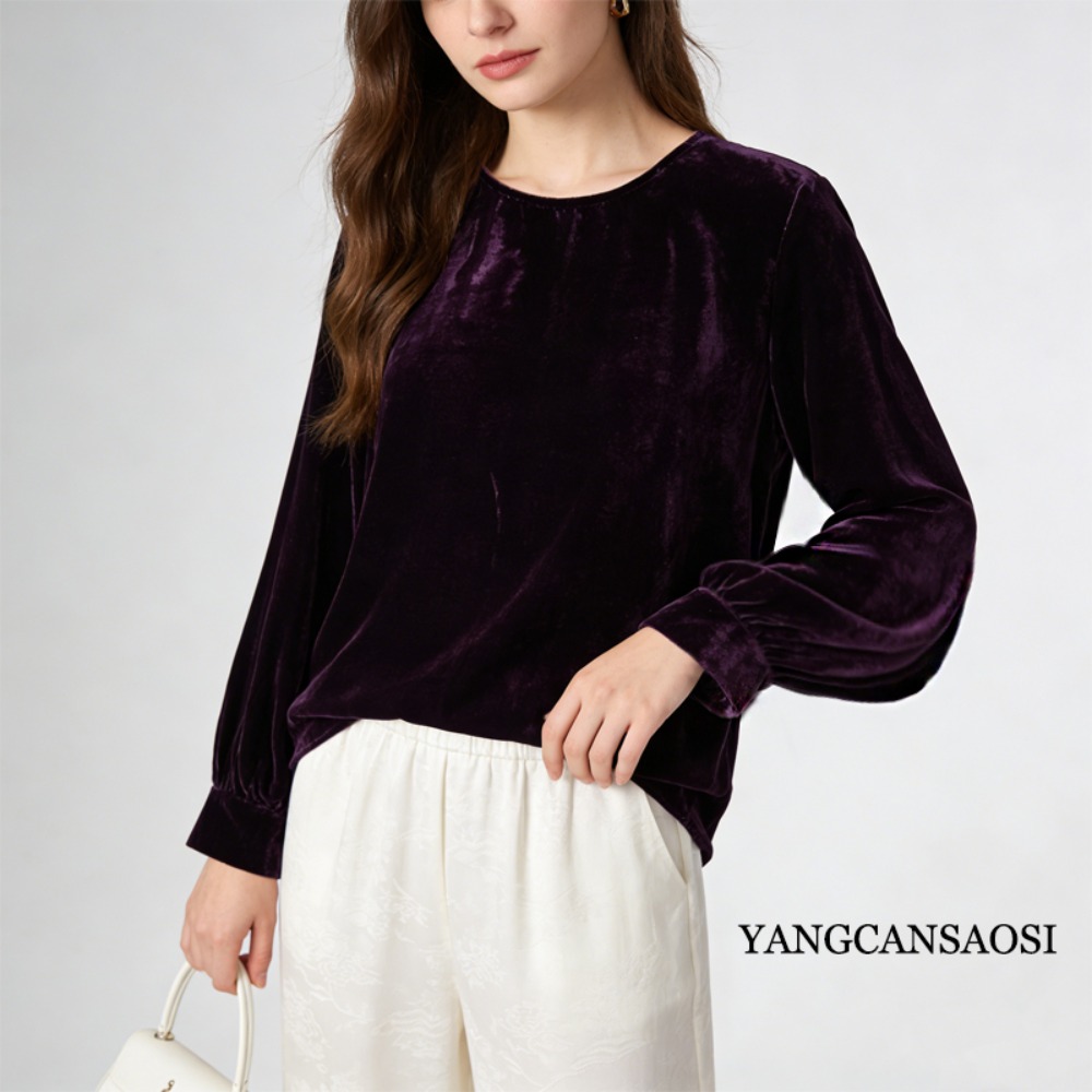 T-shirt à manches longues et col rond pour femme, vêtement polyvalent, en velours de soie de mûrier naturelle, couleur unie, nouvelle collection printemps 2022, 30%