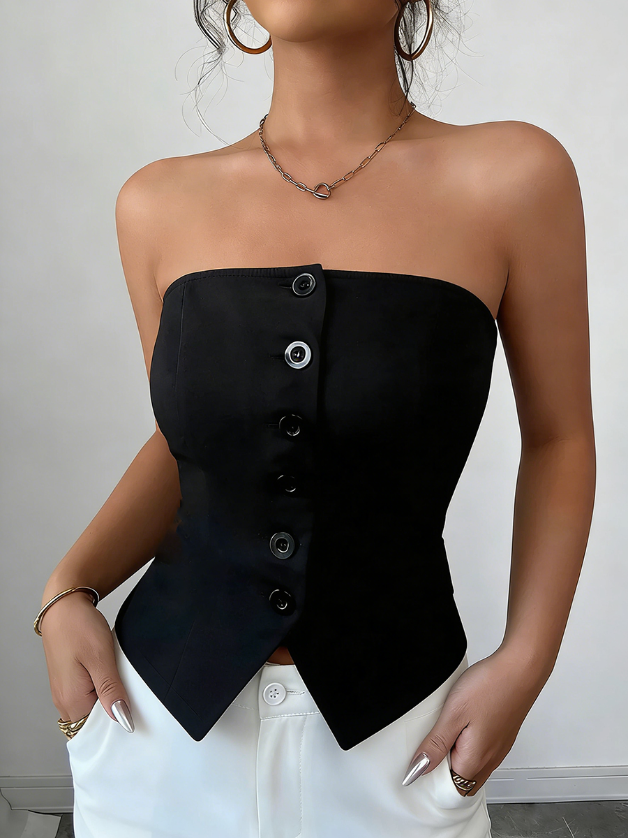 Haut corset pour femme sans bretelles, avec détails boutonnés, ourlet asymétrique, coupe ajustée et lisse, sexy, chic, extensible, pour le printemps, l'été et les soirées