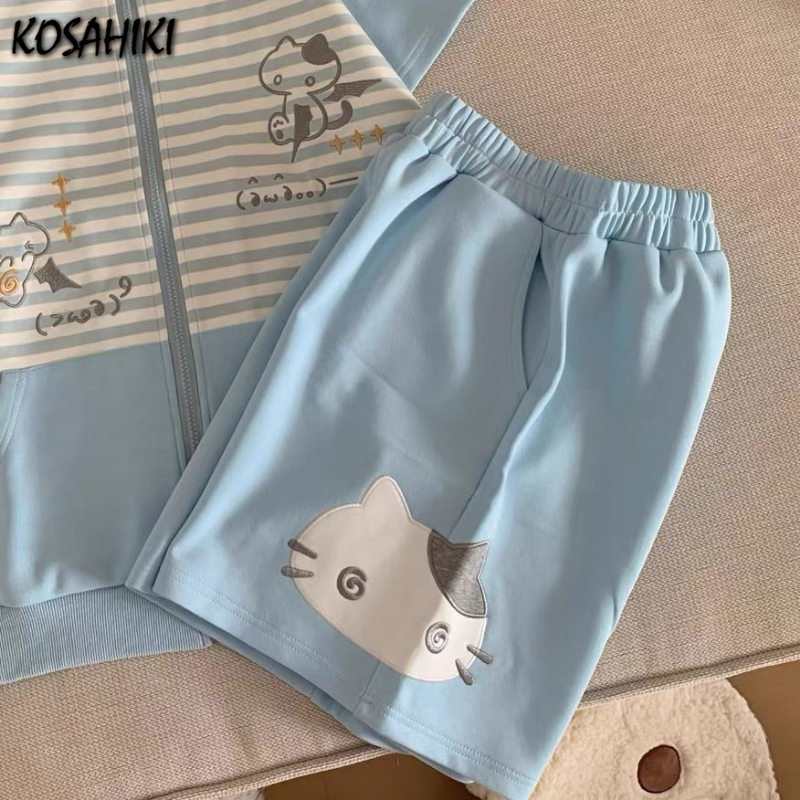 Short japonais pour femmes broderie dessin animé taille élastique pantalon à jambes larges été décontracté pantalons Cortos De Mujer 2025 bas