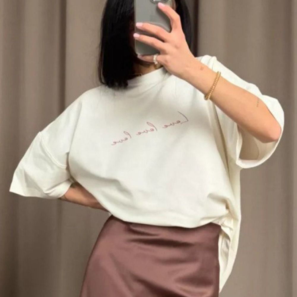 T-shirt ample pour femme à manches courtes, col rond, ourlet droit, imprimé lettres, coupe oversize, style décontracté