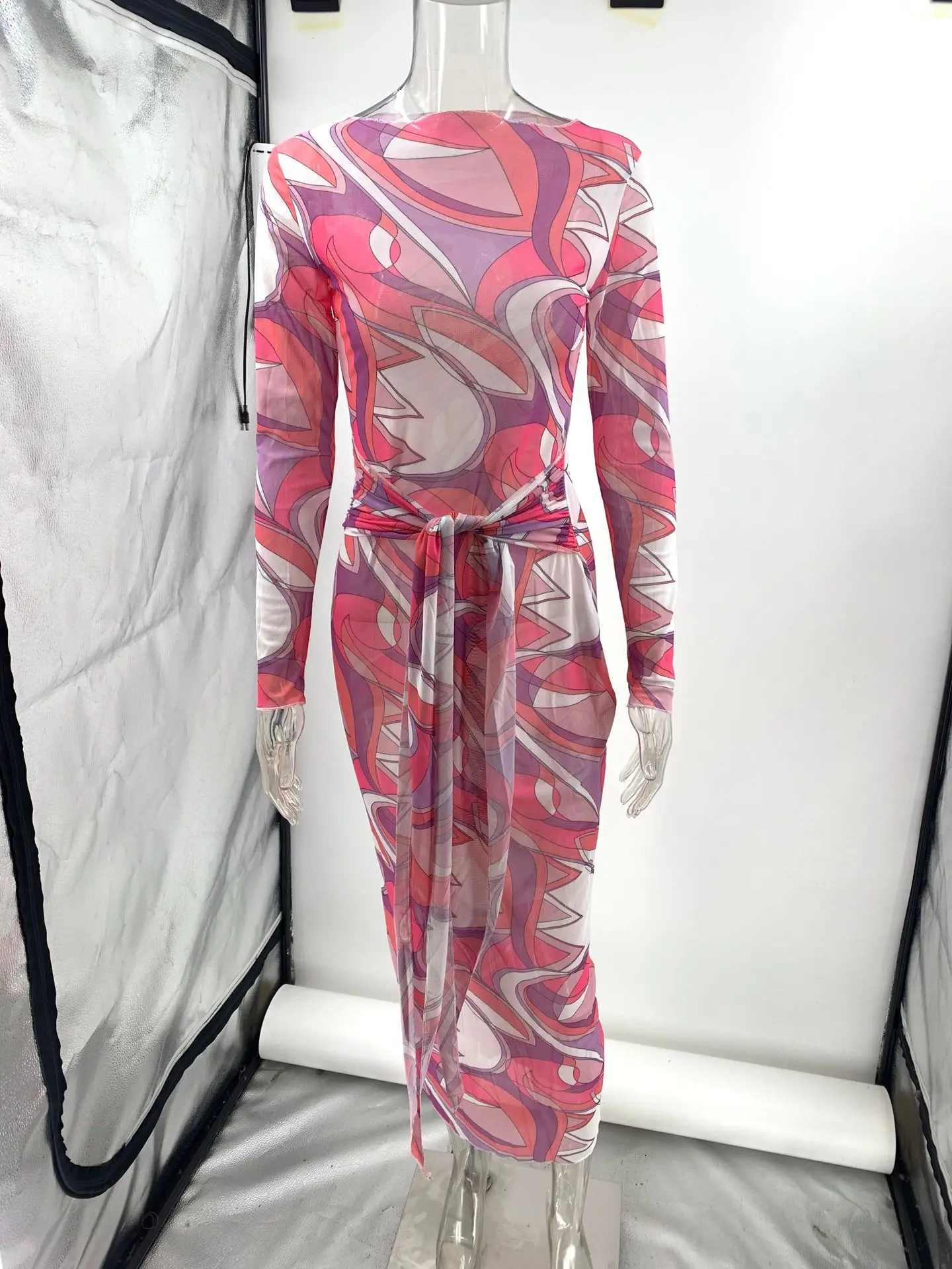 Nouvelle Robe Longue en Maille Imprimée Transparente pour Femme, Style Plage et Vacances, Coupe Ajustée aux Hanches, avec Lacets, Rose Rouge, Maxi Vestidos 2025