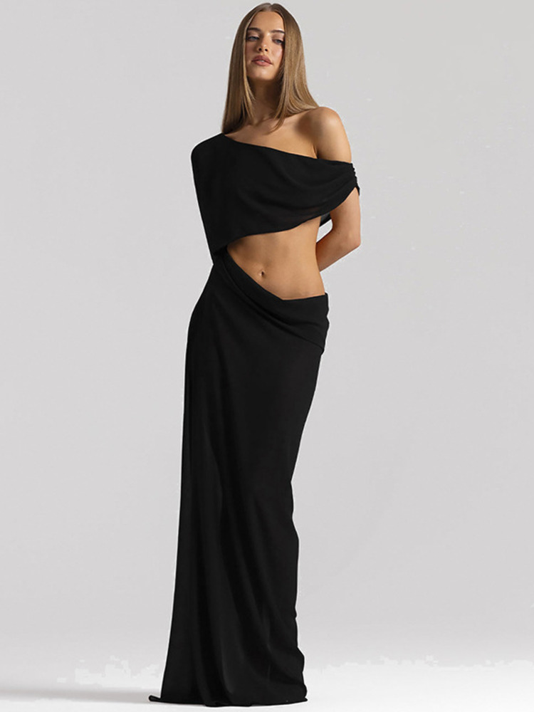Robe longue maxi Sibybo sexy en mousseline transparente à col asymétrique pour femme, unie, ajourée, drapée, moulante, élégante pour soirée et fête