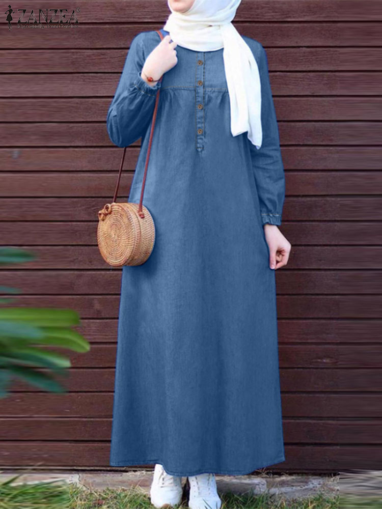 2024 ZANZEA femmes robes musulmanes Vintage Abaya Hijab robe Jilbab vêtements islamiques mode à manches longues Denim bleu Maxi robe d'été