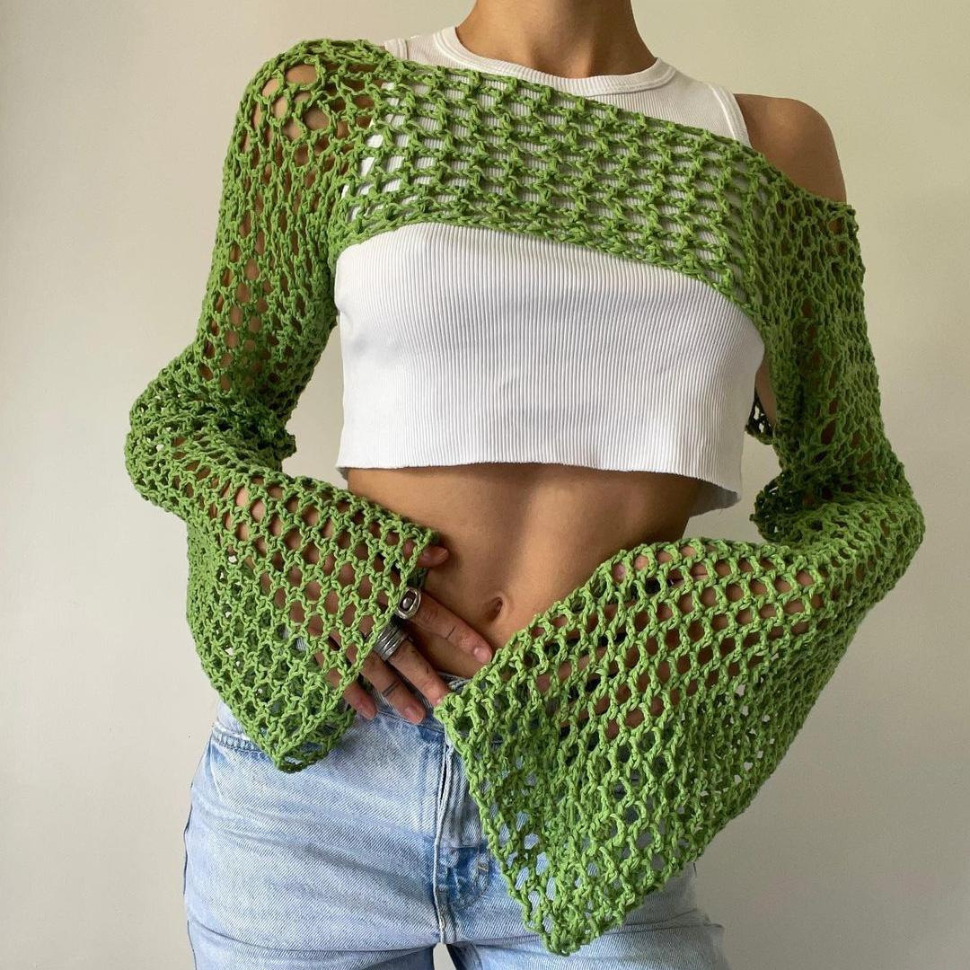 Nouveau pull en crochet fait main pour femme 2026, décontracté, à manches courtes évasées, sexy, en maille, idéal pour la plage et les vacances