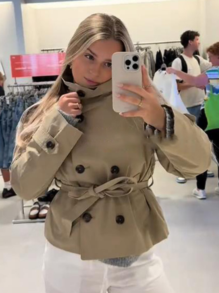 Veste décontractée à col montant pour femme, avec ceinture, élégante, à manches longues, simple boutonnage, vêtements d'extérieur, nouvelle collection automne 2025