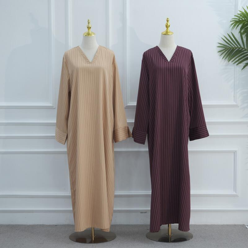 Robe Abaya pour femme, Kaftan Jalabiya, tenue de fête à rayures, vêtement musulman ample à col en V, caftan uni, robe longue
